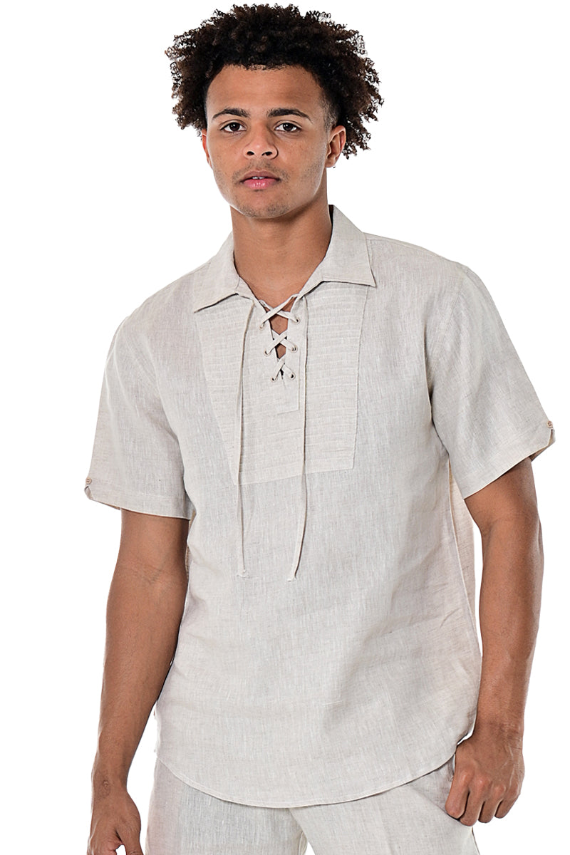 Bohio Men's Lace Up 100% Linen Short Sleeve Fashion Shirt -MLS1282