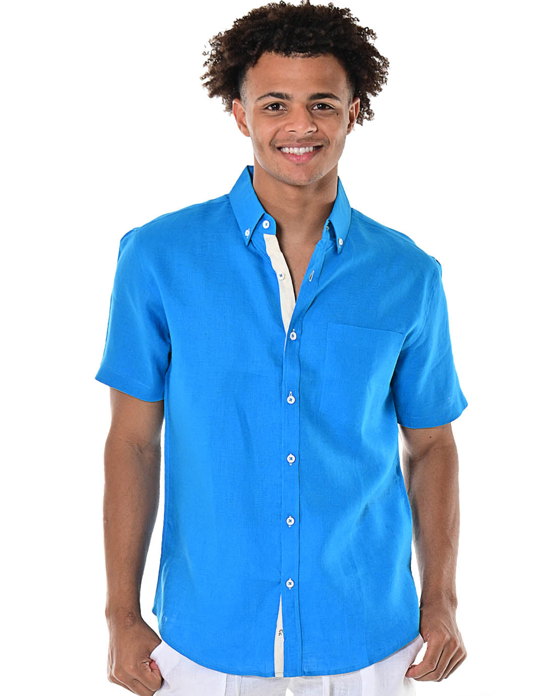 Bohio Men's 100% Linen Short Sleeve Shirt w/Pocket & Contrast