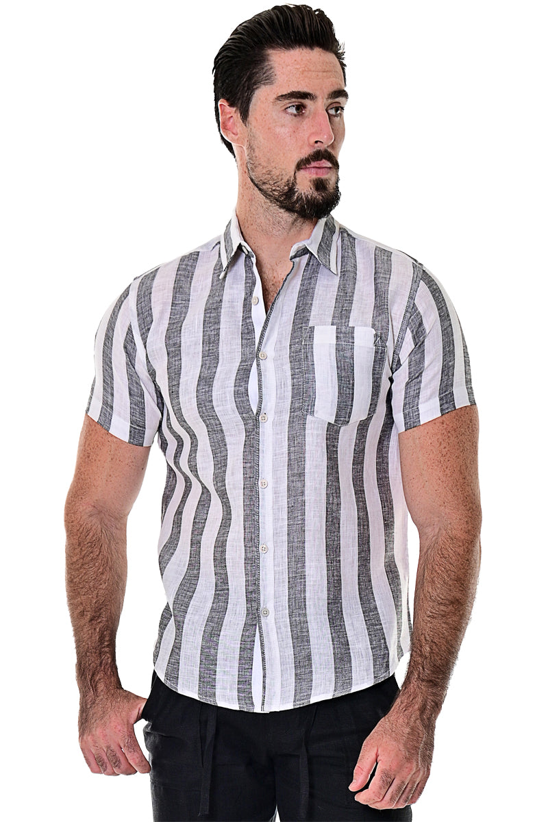 Bohio Men's 100% Linen Striped Short Sleeve Button Down (1) Pocket Shirt -MLS1693 - Casual Tropical Wear