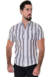 Bohio Men's 100% Linen Striped Short Sleeve Button Down (1) Pocket Shirt -MLS1693