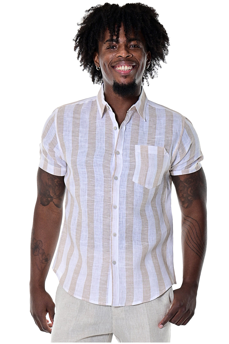 Bohio Men's 100% Linen Striped Short Sleeve Button Down (1) Pocket Shirt -MLS1693 - Casual Tropical Wear