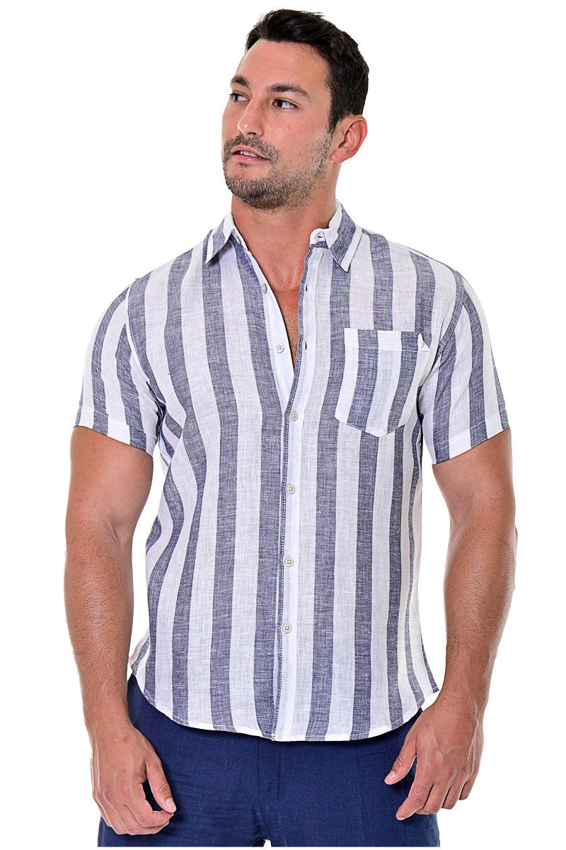 Men's Short Sleeve Button Down 100% Linen Stripe Shirt by BOHIO