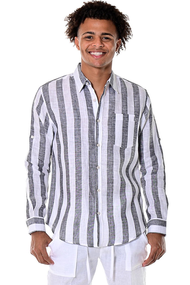 Bohio100% Linen Mens Long Sleeve Button-Down Shirt with Pocket & Stripes in (2) Colors -MLS1694 - Casual Tropical Wear