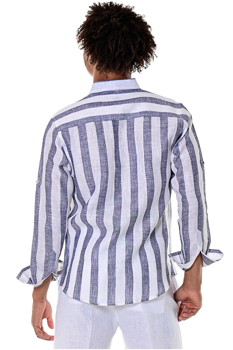 Bohio 100% Linen Long Sleeve Button-Down Shirt with Pocket & Stripes, Men's, Size: XL, Black