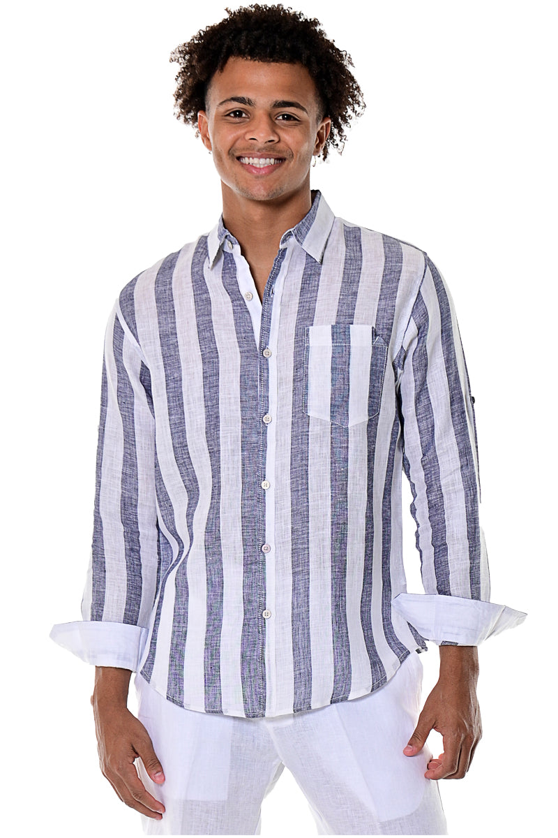 Bohio100% Linen Mens Long Sleeve Button-Down Shirt with Pocket & Stripes in (2) Colors -MLS1694 - Casual Tropical Wear