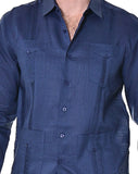 Bohio Guayabera Shirt For Men - Linen Classic Traditional 4-Pocket Chacavana MexicanNAVY FRONT DETAIL - MLS501