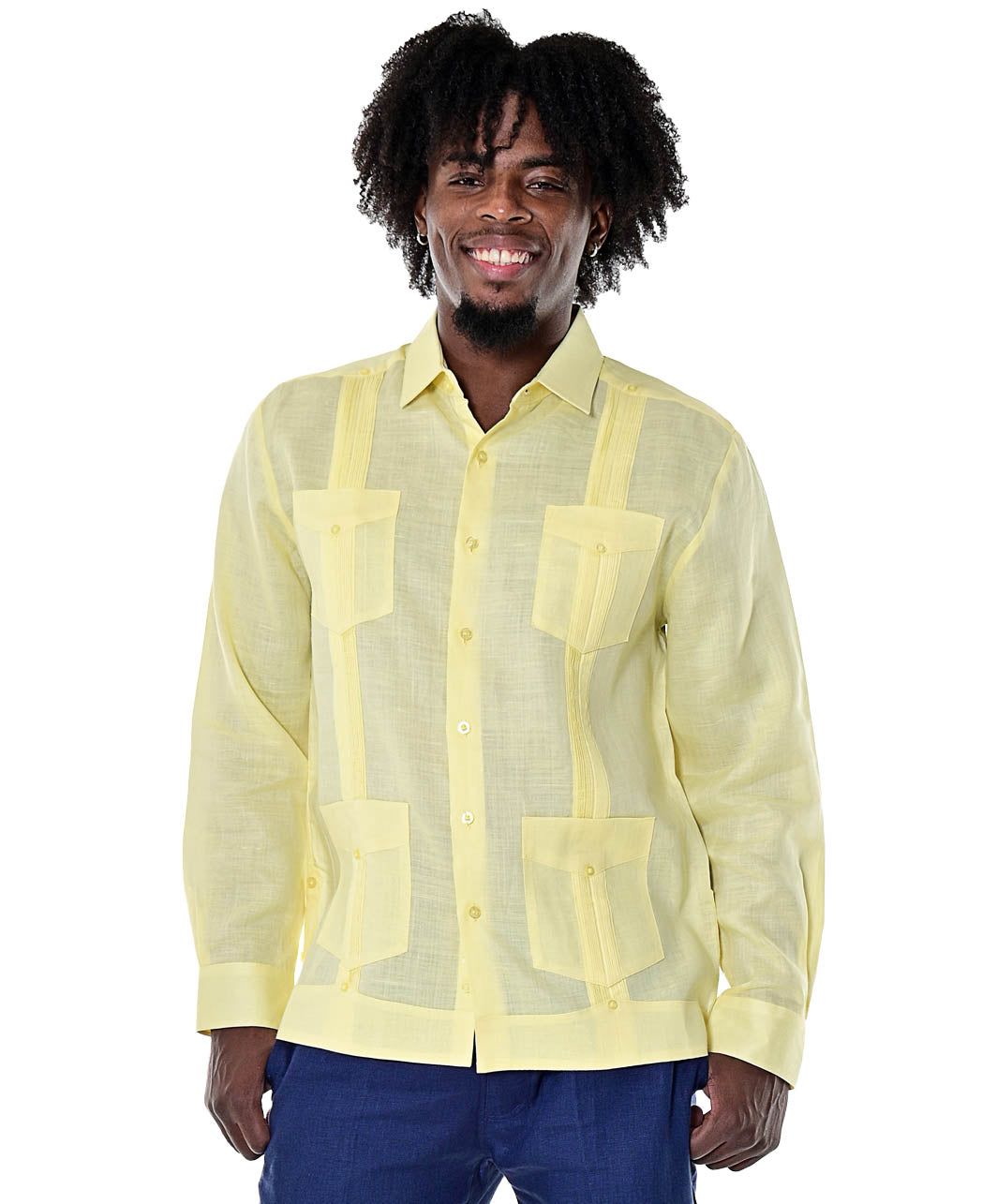 Bohio Soft 100% Linen Guayabera Shirt Men’s Navy – 4 Pocket, Pin Tucked, Long Sleeve MLS401