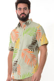 Bohio Mens Linen Tropical Print Casual Short Sleeve (1) Pocket Button Down Shirt  on a model side view - MLSP1188