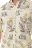 Bohio Mens Linen Tropical Print Casual Short Sleeve (1) Pocket Button Down Shirt - on a model  close up view MLSP1189
