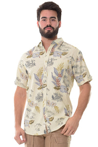 Bohio Mens Linen Tropical Print Casual Short Sleeve (1) Pocket Button Down Shirt on a model- MLSP1189