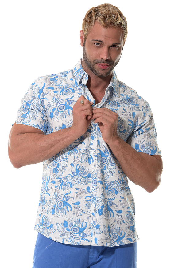 Bohio Men's Short Sleeve Linen Button Down Paisley Print Shirt w/Pocket-MLSP1193