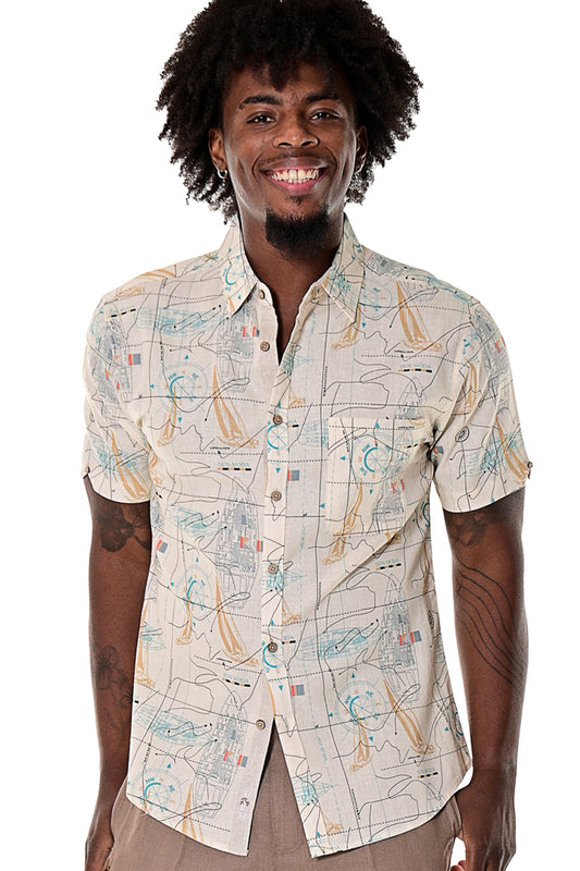 Bohio Mens Linen Nautical Print Shirt - Button Up Casual Shirt Ivory color on a model - MLSP1194