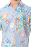 Bohio Men Linen Travel Destinations Print Casual Short Sleeve (1) Pocket Button Down Shirt on a male model close up - MLSP1197