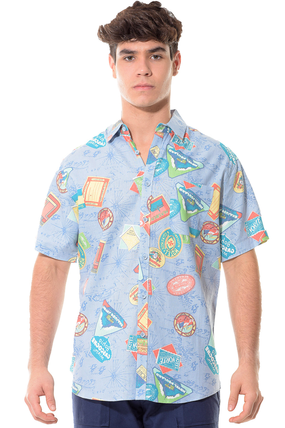 Bohio Men Linen Travel Destinations Print Casual Short Sleeve (1) Pocket Button Down Shirt on a male model- MLSP1197
