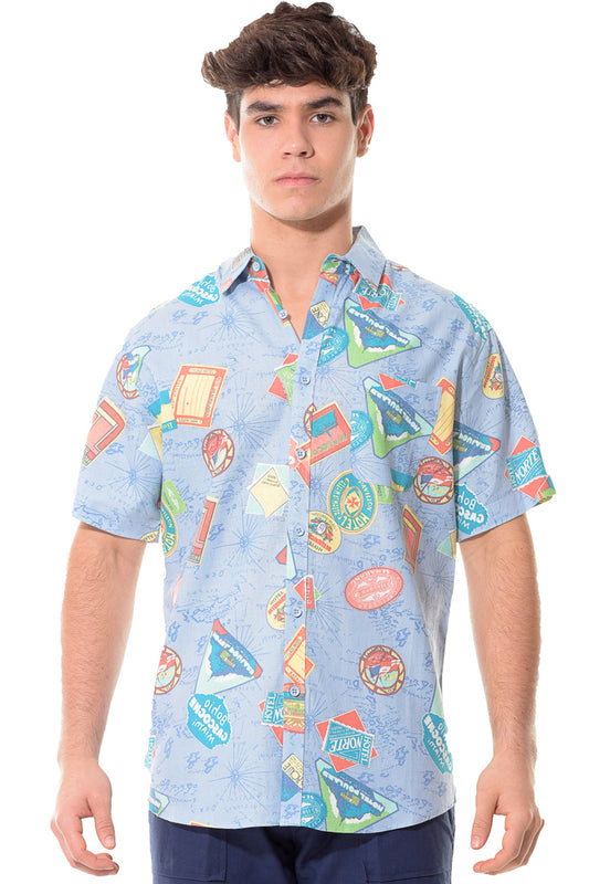 Bohio Men Linen Travel Destinations Print Casual Short Sleeve (1) Pocket Button Down Shirt on a male model- MLSP1197