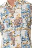 Bohio Mens Linen Tropical Print Casual Short Sleeve (1) Pocket Button Down Shirt on a model close up- MLSP1198
