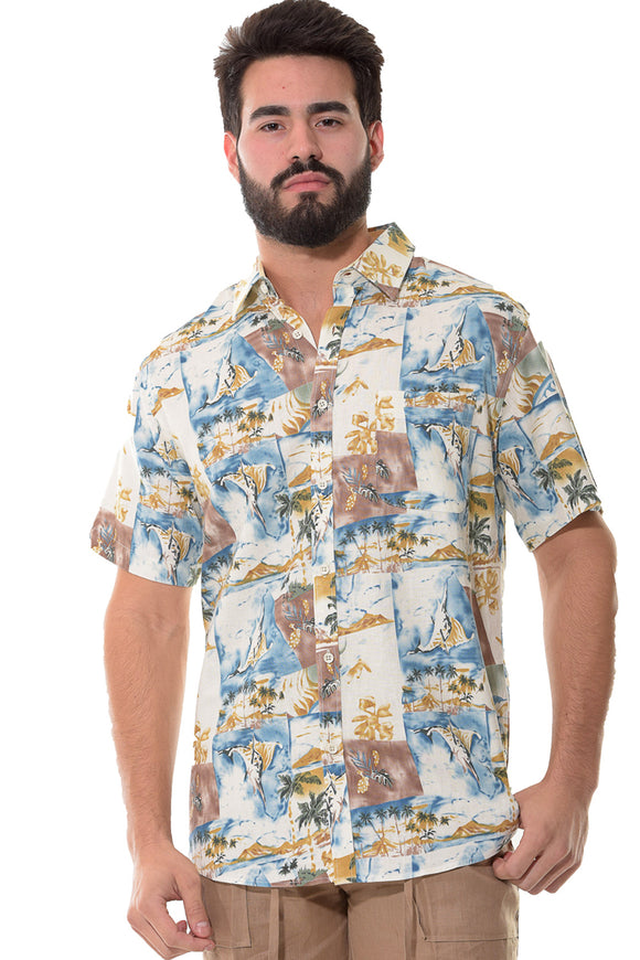 Bohio Mens Linen Tropical Print Casual Short Sleeve (1) Pocket Button Down Shirt - MLSP1198