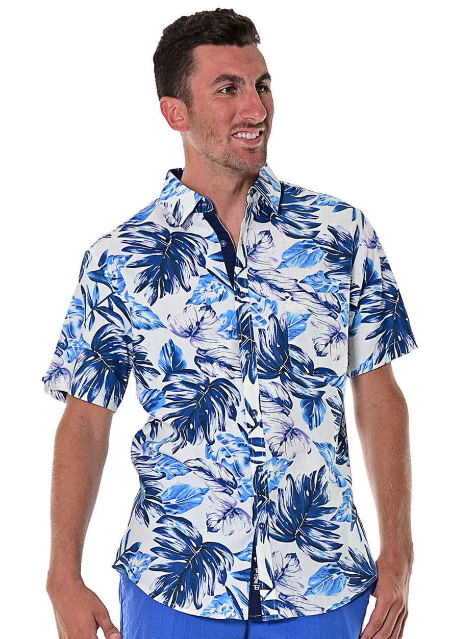 Bohio Men's Short Sleeve Linen Shirt w/Pocket Tropical Palms in White/Blue-MLSP486 - Casual Tropical Wear