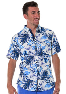 Bohio Men's Short Sleeve Linen Shirt w/Pocket Tropical Palms in White/Blue-MLSP486