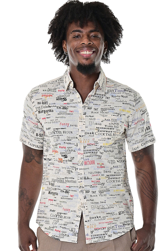 Bohio Men's Linen Short Sleeve Button-Down Shirt Cocktails & Drinks Print in Ivory-MLSP923