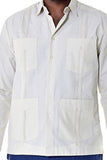 Bohio Mens Cuban Style Guayabera Shirt (4) Pkt Chacavana Long Sleeve Casual Button Up beige closeup