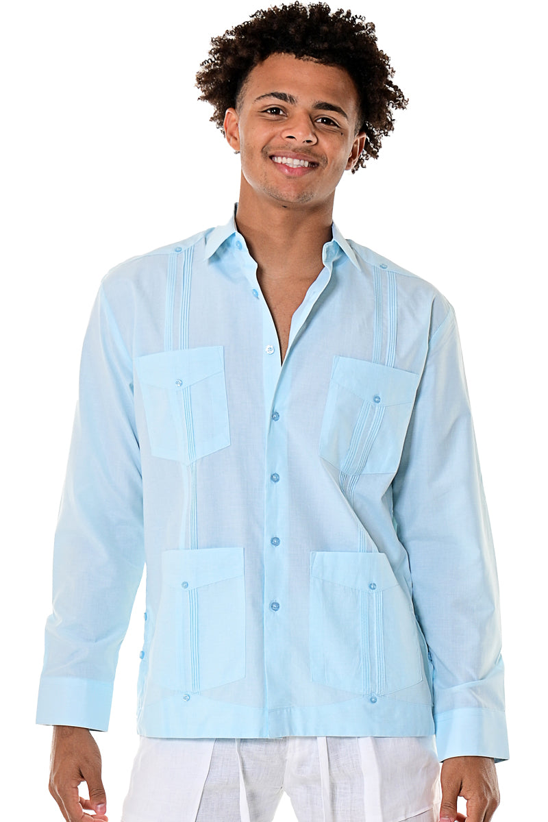 Bohio Mens Cuban Guayabera Shirt Long Sleeves w/Traditional 4 Pocket - Casual Tropical Wear