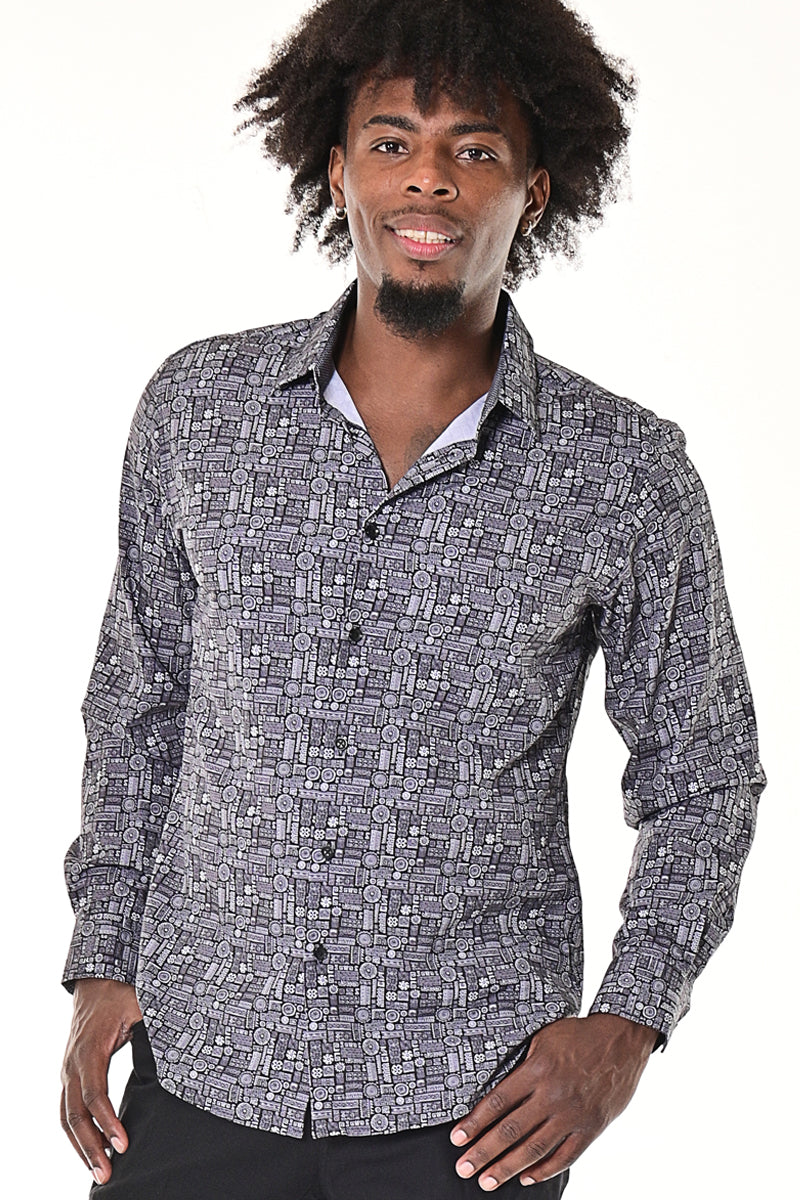 Bohio Mens Casual Print Shirt - Vacay Long Sleeve Button Up Night Life - MXL1660 2nd front view 