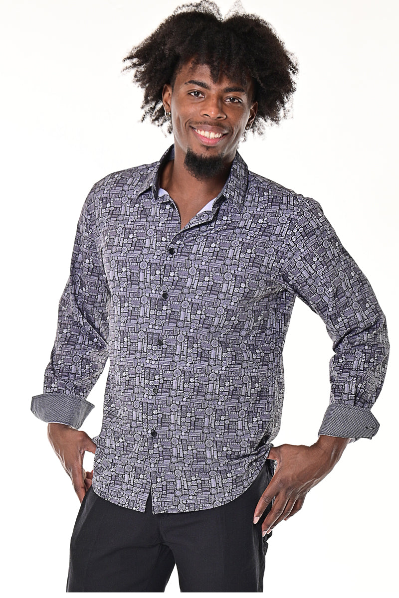 Bohio Mens Casual Print Shirt - Vacay Long Sleeve Button Up Night Life - MXL1660